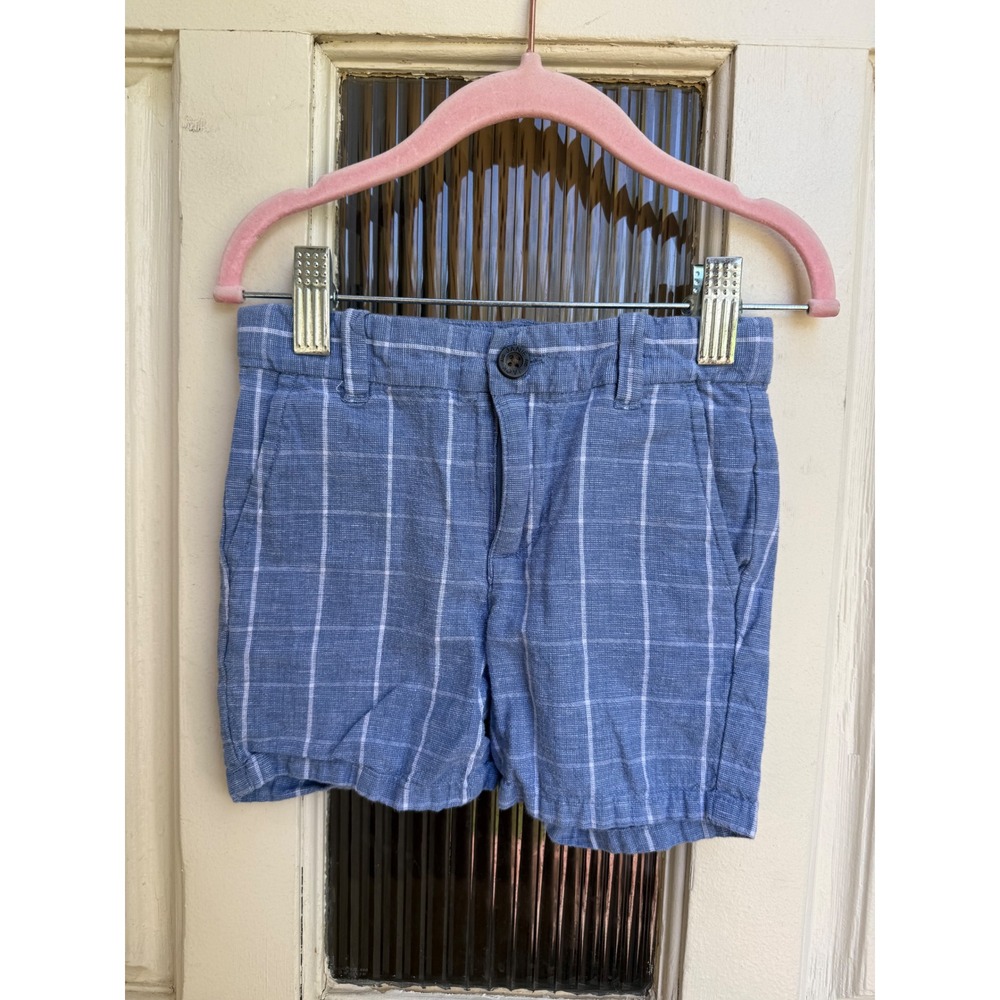 Janie and Jack Boys Blue White Windowpane Plaid Linen Blend Chino Shorts Size 2T